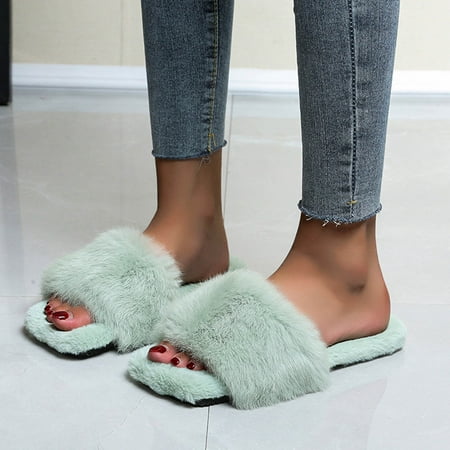 

Slippers Women s Fashion Square Toe Pure Color Furry Comfortable Casual Flat Slippers