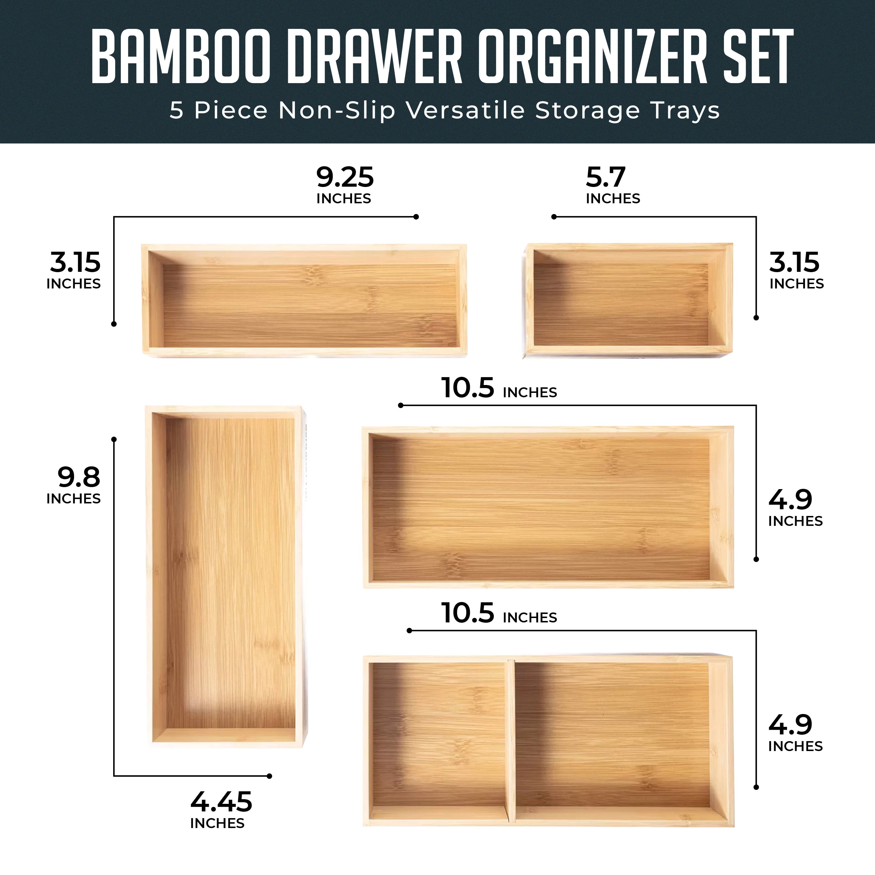 Luminuxe Bamboo Drawer Organizer Set, 5 Piece Non-Slip Versatile Storage Trays for Kitchen Utensils, Bathroom Essentials, Makeup & Jewelry