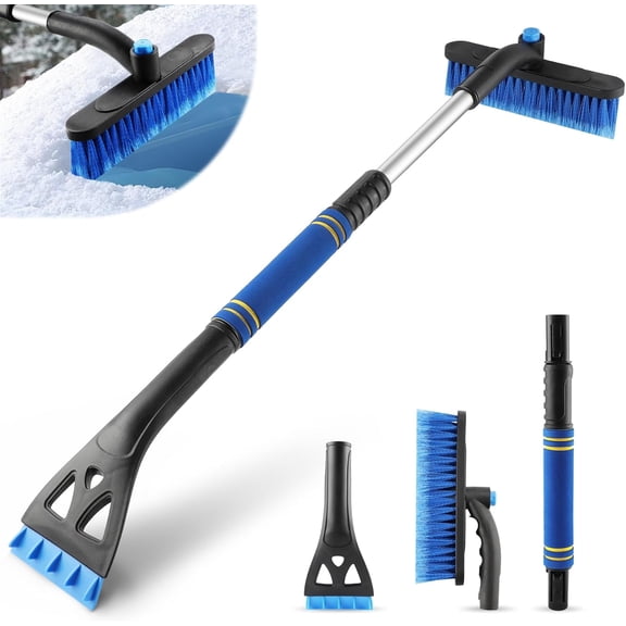 SINGOMON Windshield Ice Scraper & Snow Brush, 2-in-1 Car Snow Brush with Foam Handle and 360° Rotating Brush Head for Cars Trucks and SUVs, Blue 32inch