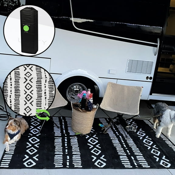 RV Rug - Outdoor Camping Rugs for Outside Your RV - 5x8 Black and White Tribal - Recycled Reversible Mats - Durable Sustainable Waterproof Rug