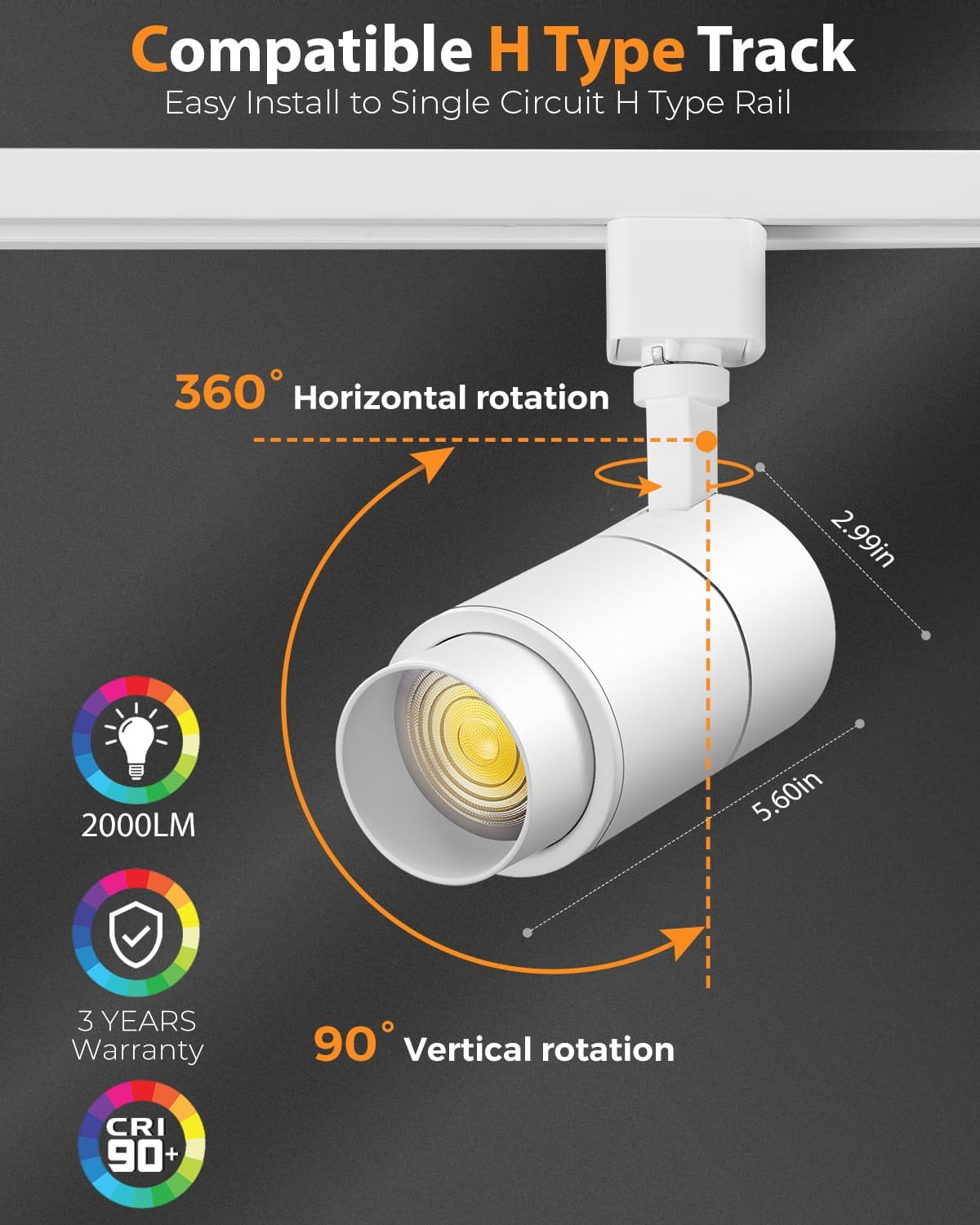 VANoopee 3-Color Zoomable 20W LED Track Lighting Heads H Type Track Light Heads Dimmable Bright Ceiling Spotlight Fixtures for Kitchen, 3000K 4000K 5000K Adjustable, CRI90+ 15°-60° 2000lm White 4 Pack