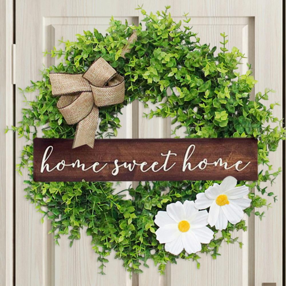 Artificial Summer Wreath with Welcome Sign with Wooden Sign Green Leaves and Red Berry White Foam Flower Wreath Outdoor Wall Window Door Décor Wreath for Front Door 