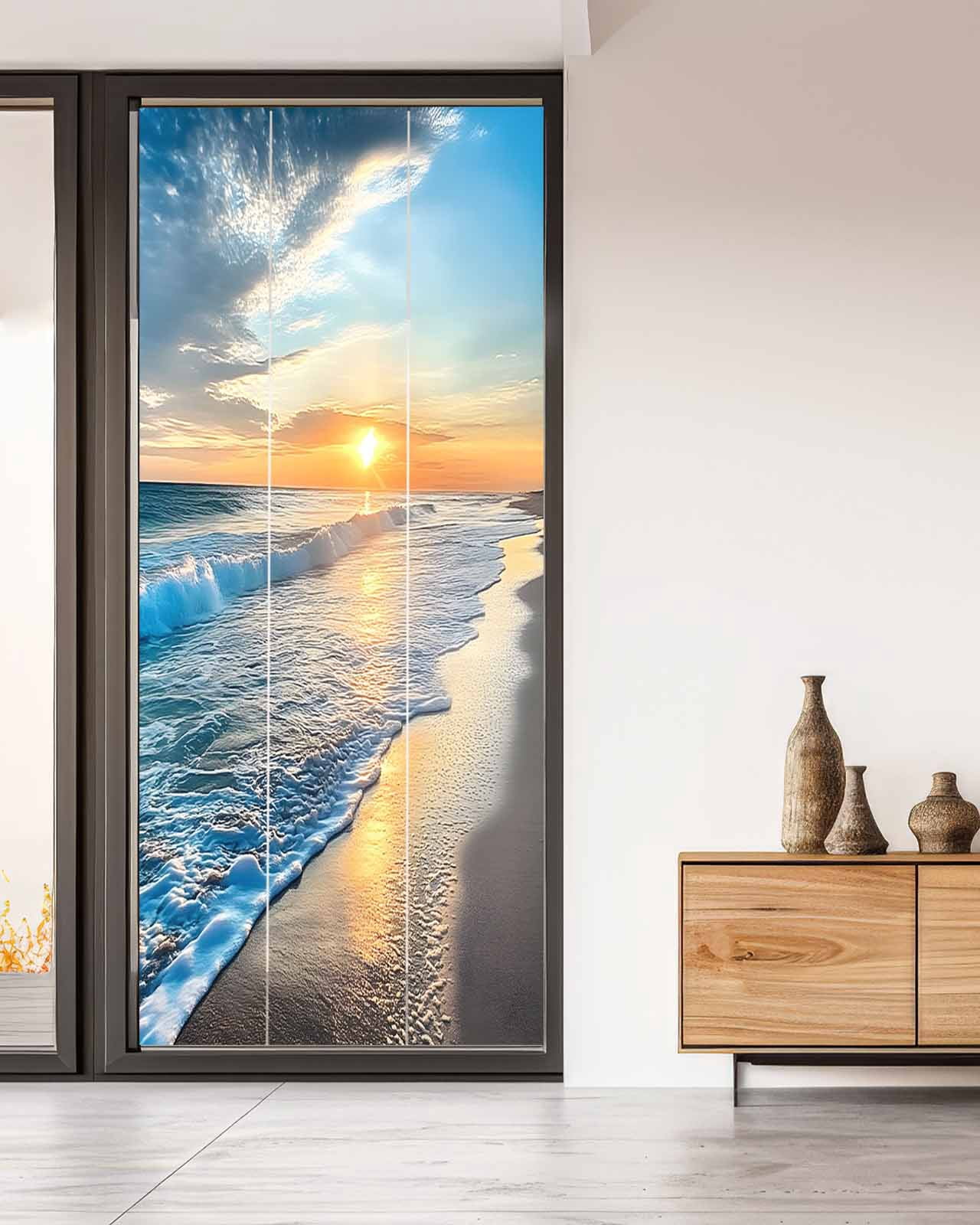 Window Privacy Film Sunset Beach Stained Glass Window Film Decorative Sun Block Window Cover Spray Ocean Waves Sky Nature Scenery Window Clings Static Adhesive Sticker for Bathroom 35.4"x78.7"