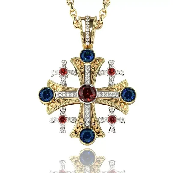 2.10Ct Round Cut Simulated Diamond Jerusalem Cross Pendant 14K Yellow Gold Plated