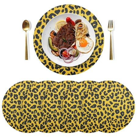 

Round Placemats Plate Mats 15 Inch Non-Slip Heat Resistant Washable PVC Set Table Decoration for Kitchen Dining Yellow and Black Leopard Print