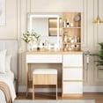 thumbnail image 1 of Dressing Table with Mirror and Light - Modern Makeup Vanity with Sockets, Storage Bench, 4 Drawers and Hair Dryer Stand - 3 Color LED Vanity Mirror, Bedroom Dressing Table, Pink/white/wood color, 1 of 7