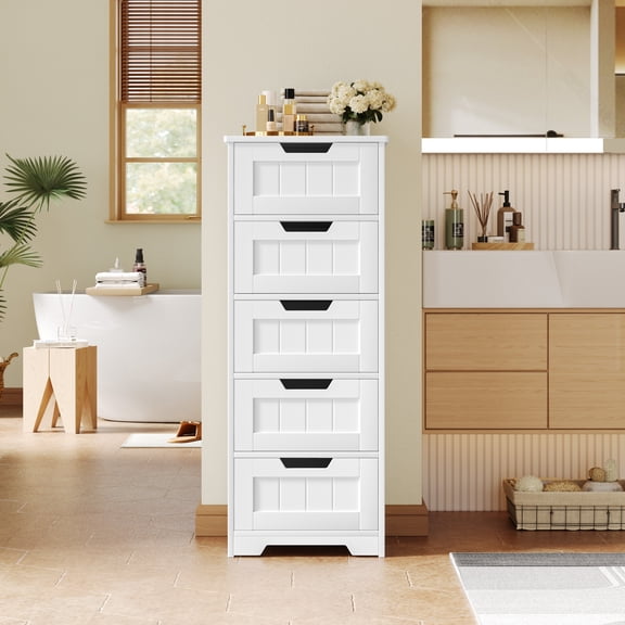 Homfa Modern Bathroom Cabinet, Free Standing Storage Cabinet with 5 Drawers Organizer Unit for Living Room Bedroom, White