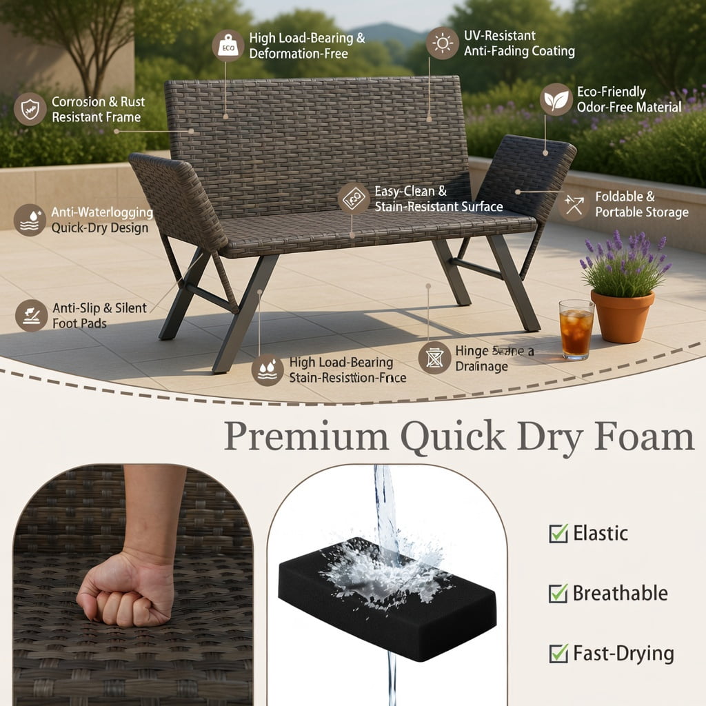 Hommoo Convertible Patio Loveseat Sofa, 2-Person Rattan Outdoor Sofa with Adjustable Armrests, Quick-Dry Foam Cushions, Heavy-Duty Metal Frame, Natural