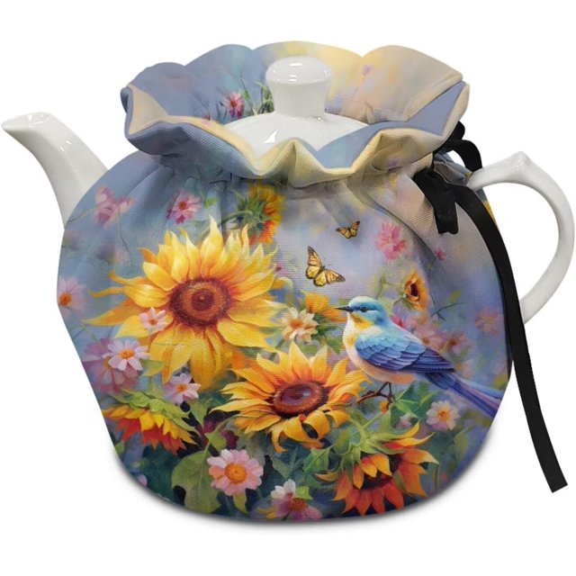 Cute Hummingbird Sunflower Tea Pots Cosy Cotton Tea Cosy for Teapots Dust Cover Breakfast Insulation Lid Warmer Tea Cosy Kitchen Coffee Table Decorative Accessories