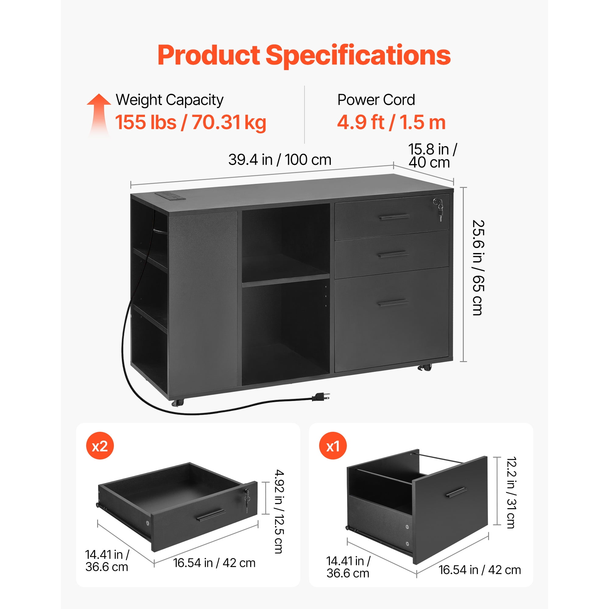 KFFKFF 3-Drawer Wooden File Cabinet with Power Strip, Lockable Rolling Storage Unit with Adjustable Shelves & 5 Wheels, Mobile Printer Stand for Home Office or School, Black