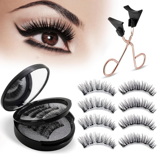 EIMELI Ensemble de 4 Paires de Faux Cils Magnétiques Sans Eyeliner Requis - Cils Magnétiques Réutilisables Naturels et Sans Colle Ensemble de Faux Cils 3D avec Clip Réutilisables Étanches Sans Colle