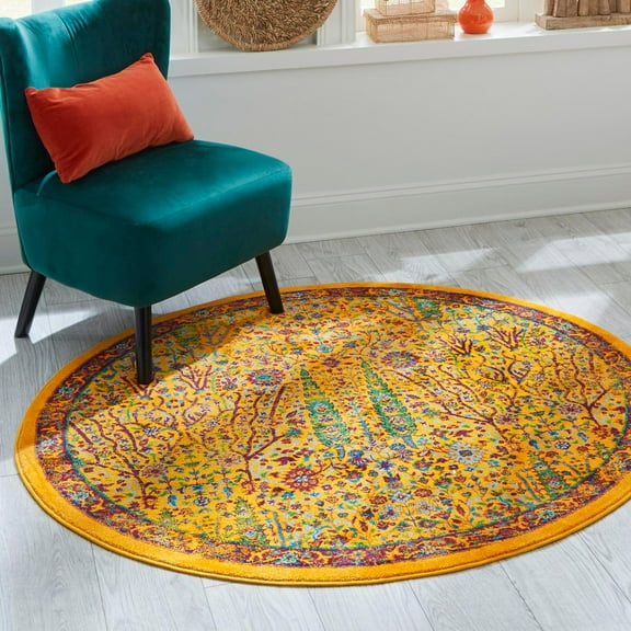 Unique Loom Calypso Collection Area Rug - Kaiso (5' 3" Round Yellow/Blue)