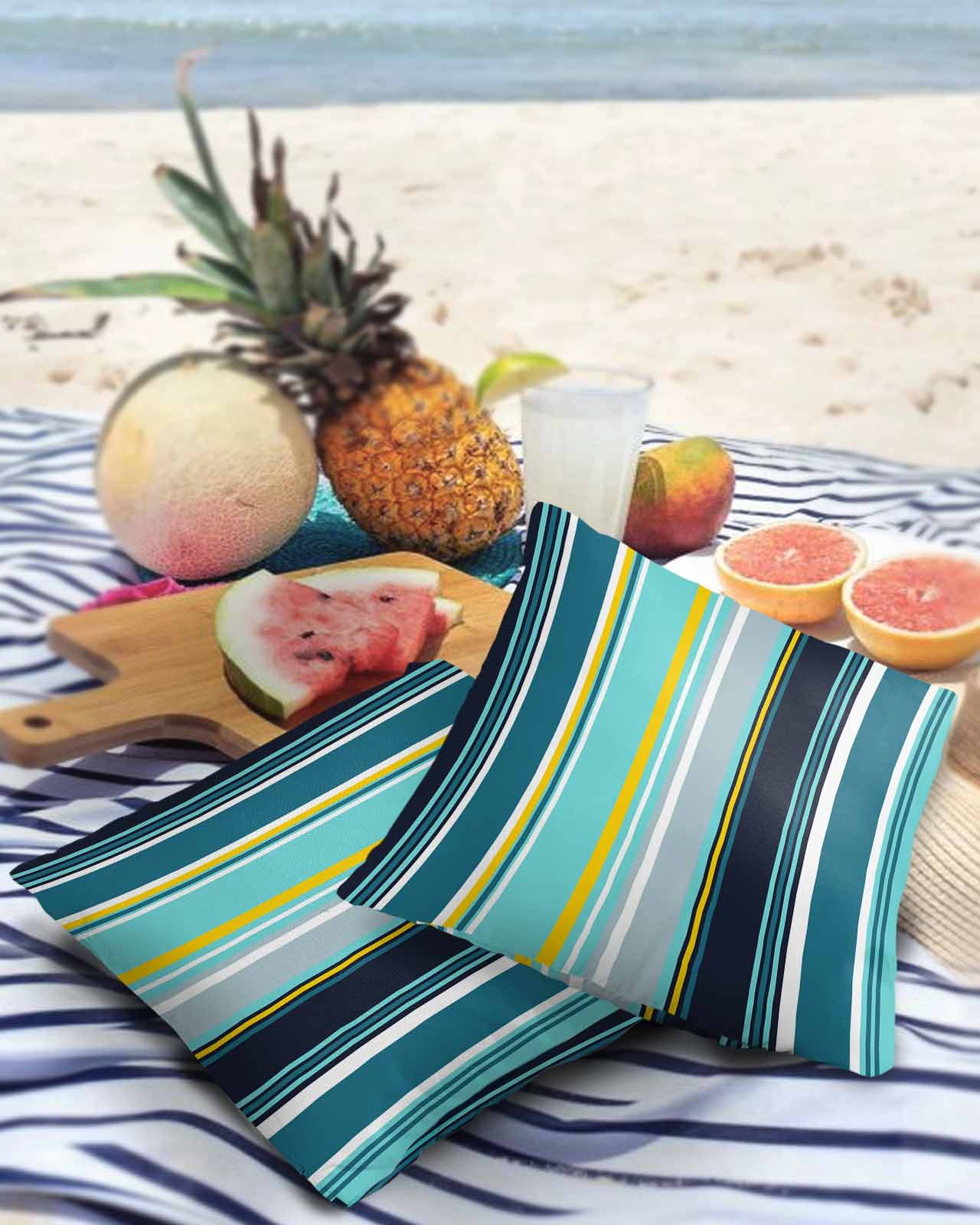Pack of 2 Outdoor Pillow Covers, Colorful Stripes Navy Blue Teal Turquoise Black Wood Texture Waterproof Square Throw Pillowcase Cushion Decorative Pillow Covers for Couch Patio Tent, 16x16 in