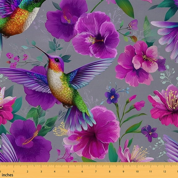 Homewish Rustic Flower Floral Fabric by the Yard 1 Yard,Cartoon Hummingbird Home Decor Fabric by the Yard,Purple Green Gray Sewing Fabric For Girls Kids,Breathable Home Decor