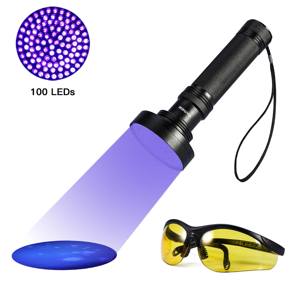AUNMAS 100 LED UV Light Flashlight Ultraviolet Shortwave Blacklight w/ Glasses Protect