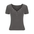 thumbnail image 5 of Npasoilc Summer Tops for Women Casual Short Sleeve V-Neck Button Up Cropped Blouse Solid Color Slim-Fit T-shirt, 5 of 8
