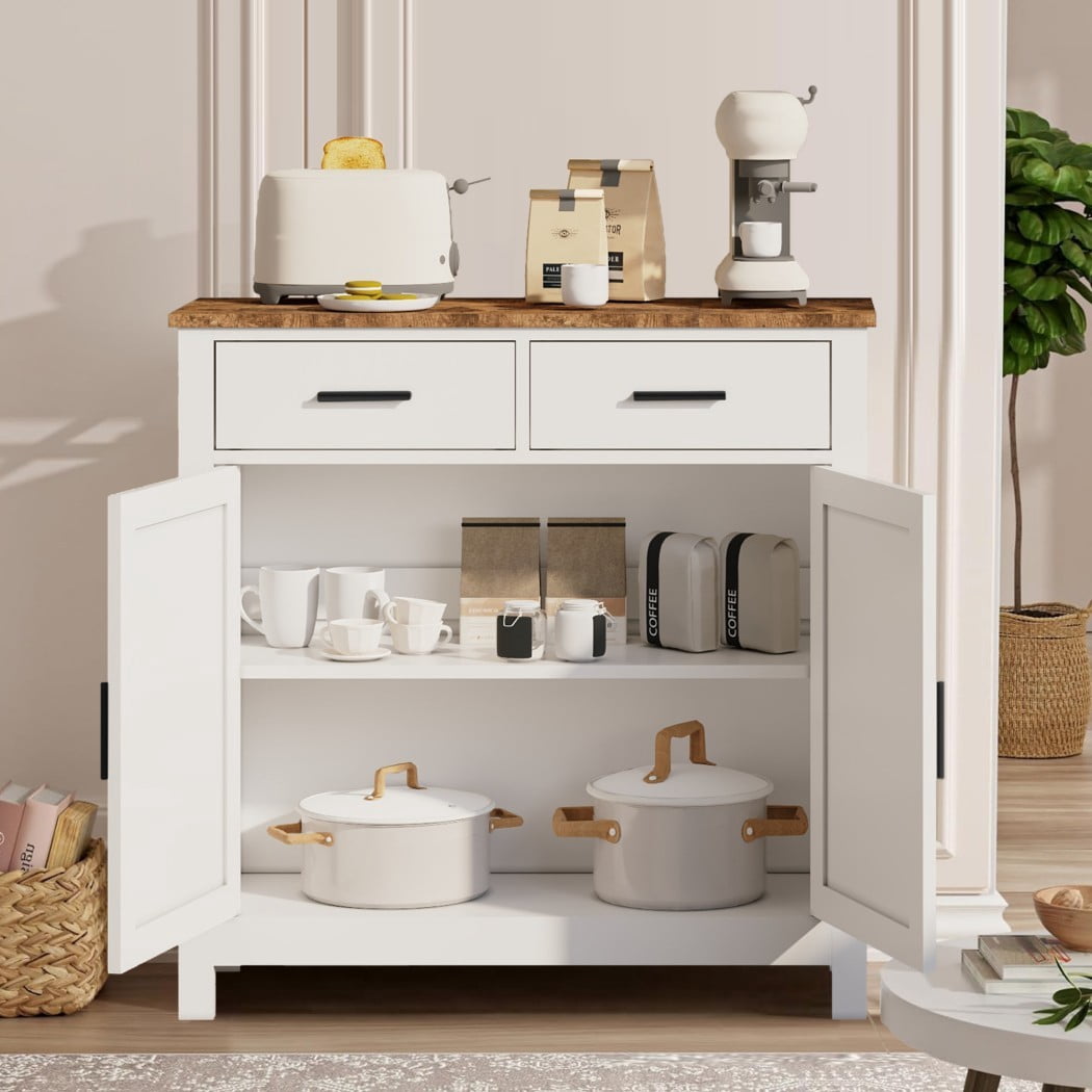 Modern Farmhouse Buffet Cabinet, Kitchen Storage Cabinet with 2 Drawers & 2 Doors, Coffee Bar Sideboard with Wide Countertop for Dining Room, Living Room & Entryway, White