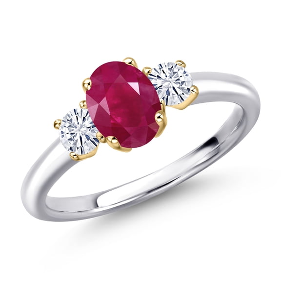Gem Stone King 10K Two Tone Gold Red Ruby and White Moissanite Engagement Ring for Women | 1.32 Cttw | Oval 7X5MM | Gemstone July Birthstone | Size 7