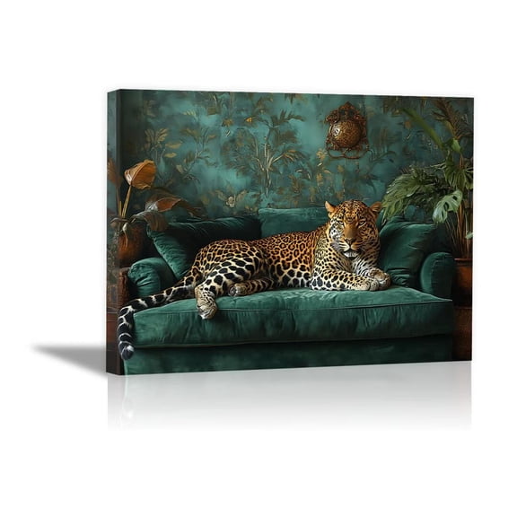 Mudket Leopard on Green Velvet Sofa Tropical Jungle Canvas Wall Art, Vintage Luxury Trendy Wall Art Print for Living Room Apartment Home Decor, Framed Ready to Hang - 12"L x 8"W