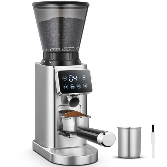 Sunmaki Electric Burr Coffee Grinder, 24 Grind Settings, LED Control Panel, Anti-Static Design, Silver