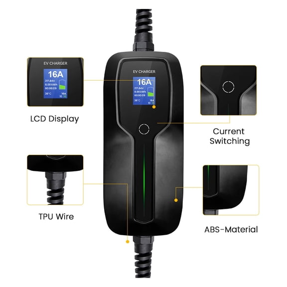 EVSE Electric Car Vehicle Type 2 Portable EV Charger Charging Box Cable 3.6KW Switchable 10/16A with 6M Cable