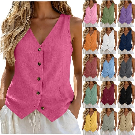 Vest Tops for Women Lightweight Button Front Sleeveless Shirts Cotton Linen Tops Casual Breathable Solid V Neck Tank Top Vests