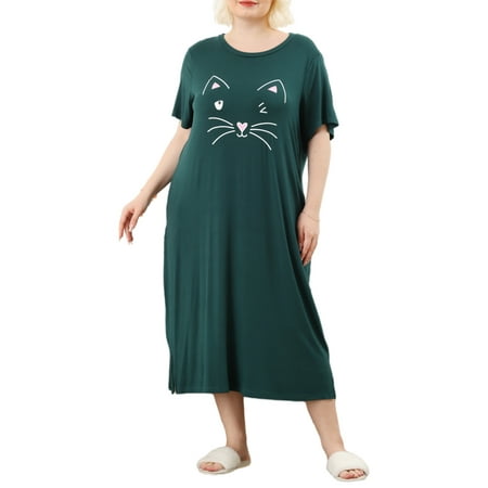 

Agnes Orinda Juniors Plus Size Nightgown Cat Print with Pocket Sleep Dress Sleepwear