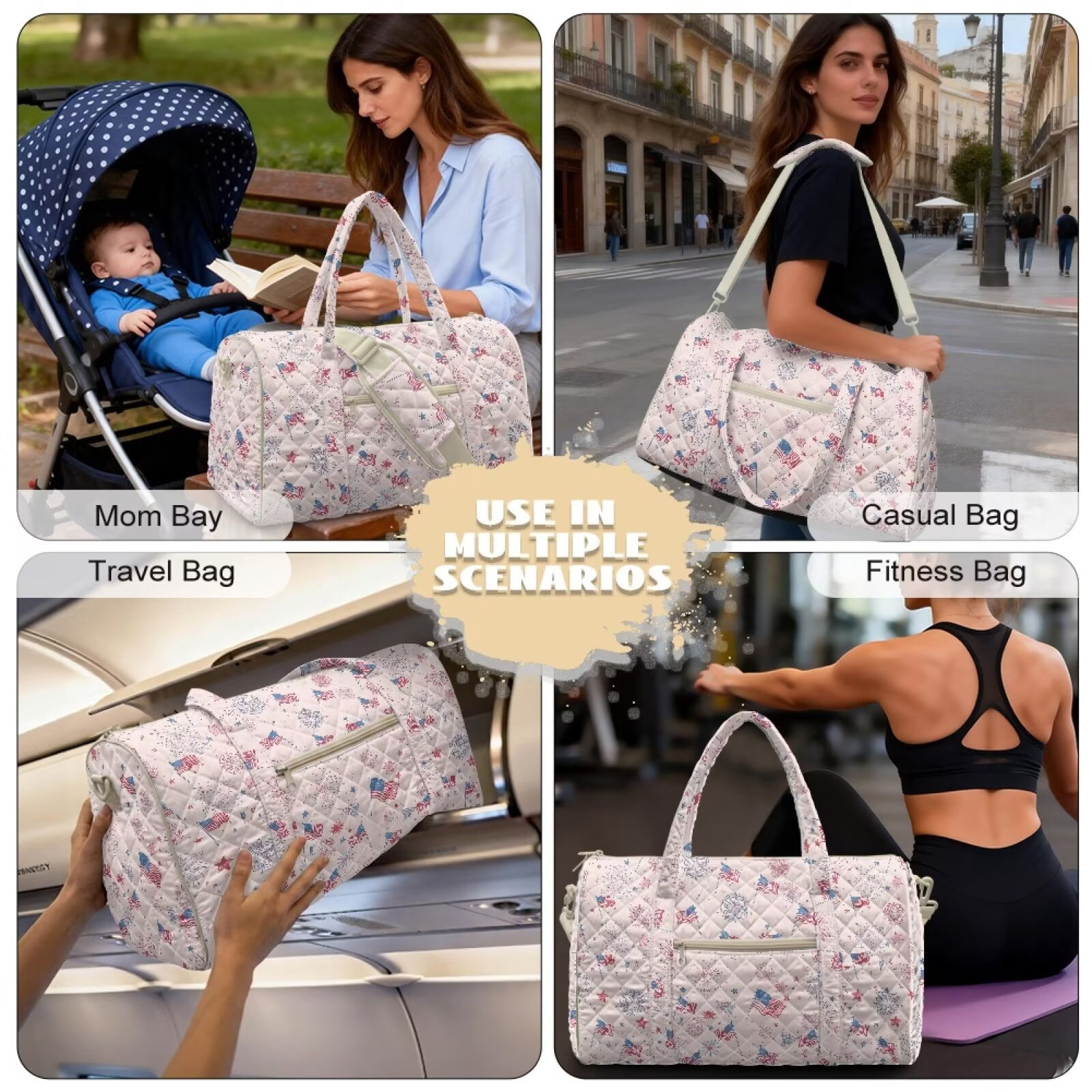 Xixirimido American Flags Firework Pink Print Women Quilted Travel Duffle Bag Duffel Overnight Bags Large Carry on Tote Bag Weekender Traveling Yoga Gym Hospital Bag