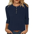 thumbnail image 2 of Otntypg Fall Spring Sweater Tops for Women Casual Half Button up Three Quarter Length Sleeve Crewneck Ribbed Striped Knit Pullover Henley T-Shirts Loose Fit Comfy Tunic Blouse Blue L, 2 of 6