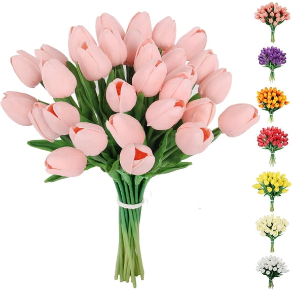 30pcs Artificial Tulips Flowers Fake Latex Tulip Stems - Real Touch Faux Lavender Purple Tulips Flower for Easter Spring Wedding Bouquet Centerpiece Floral Arrangement Wedding Cemetery Table Decor