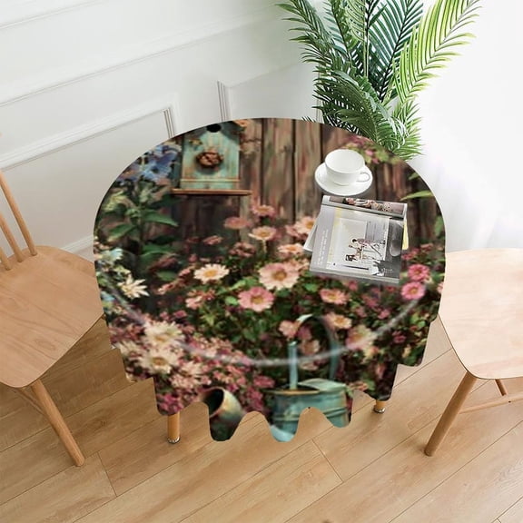 RKSupls 60 Inch Round Tablecloth, Garden Birdhouse Flowers Premium Polyester Straight Edge Wrinkle Resistant Washable Table Cover for Party Home Dining Decor