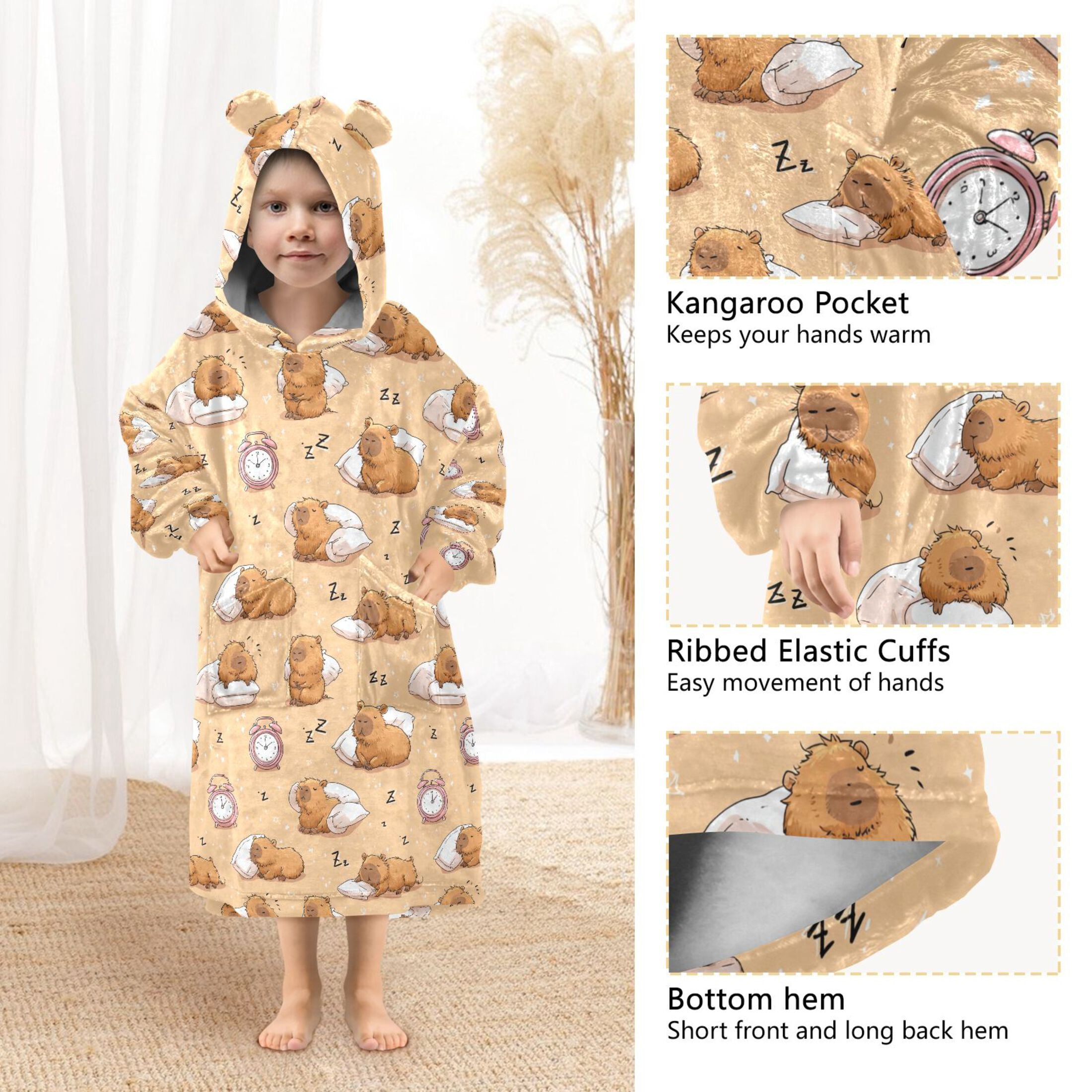 Wearable Blanket Hoodie for Kids Alarm Clock Capybara Flannel Hooded Blanket with Pockets and Sleeves Suitable for Boys and Girls