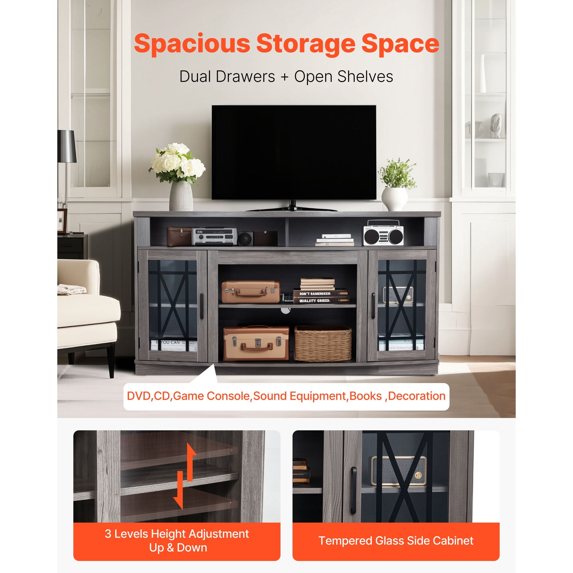 KFFKFF 59" TV Stand for TVs up to 65 Inches, Entertainment Center with LED Light Strip, Wooden Cabinet with Glass Doors and Adjustable Shelves
