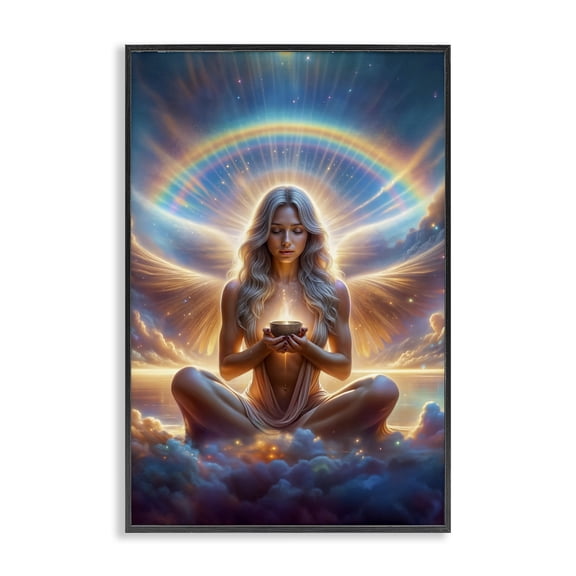Stupell Industries Enlightened Angel with Tea Spiritual Painting Black Framed Art Print Wall Art, 12 x 18