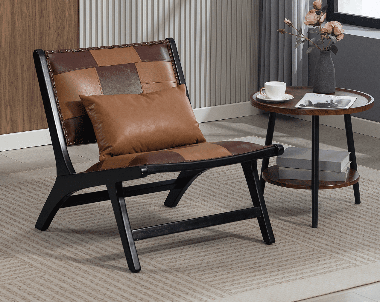 Leumius Modern Accent Chair with Solid Wood Frame,Mid-Century Lounge Chair,Side Chair Indoor for Living Room,Bedroom,Balcony,brown