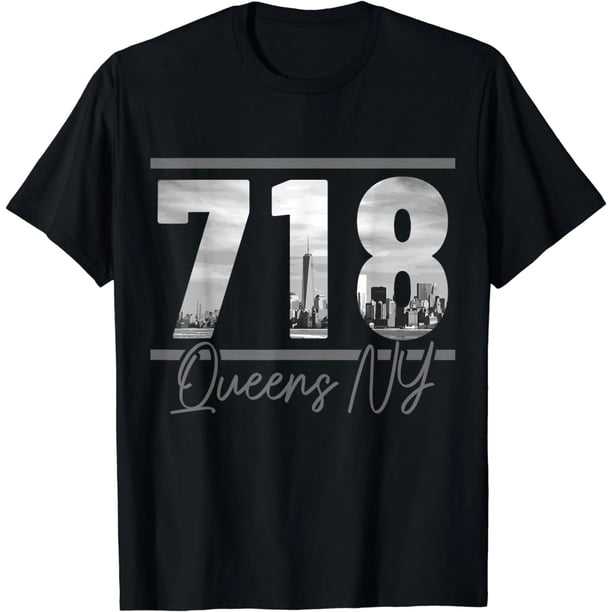 Playera de Mujer Nueva York 718 Código de Área Edificios Emblemáticos Queens NYC Vintage - Divertida, Estilo Misfits, Unisex, Negra