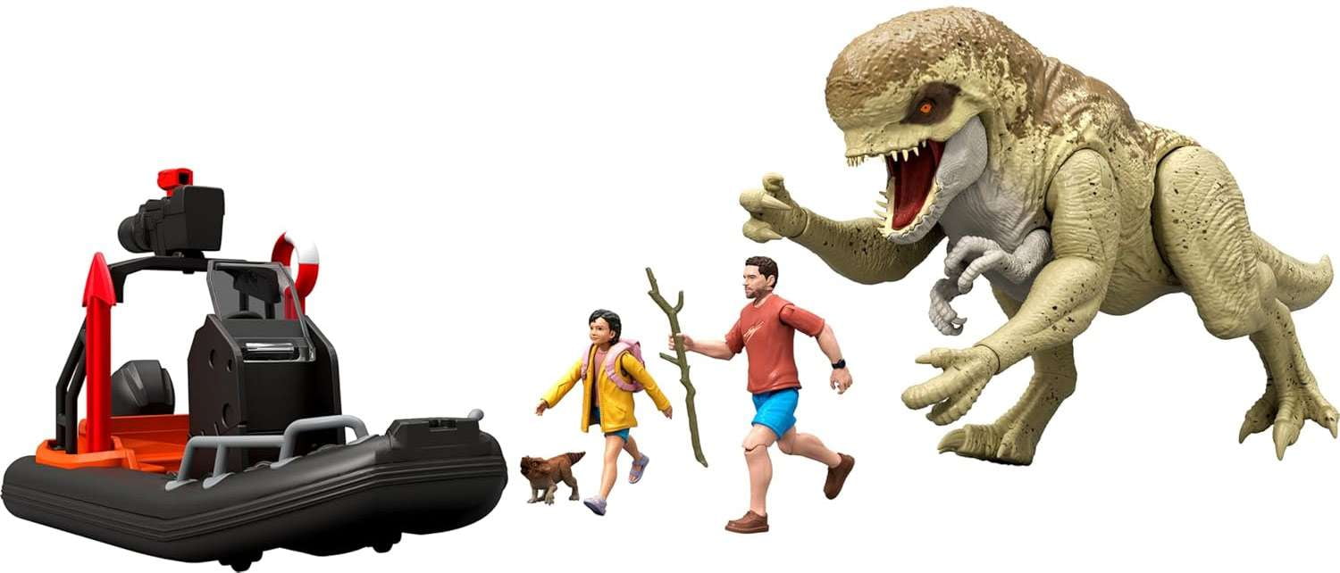 Jurassic World Rebirth Distortus Rex Island Escape Action Figure Set by Mattel – Dinosaur Toy Playset with Boat and Human Figures for Kids Ages 4+