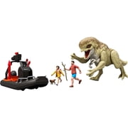 Jurassic World Rebirth Distortus Rex Island Escape Action Figure Set by Mattel – Dinosaur Toy Playset with Boat and Human Figures for Kids Ages 4+