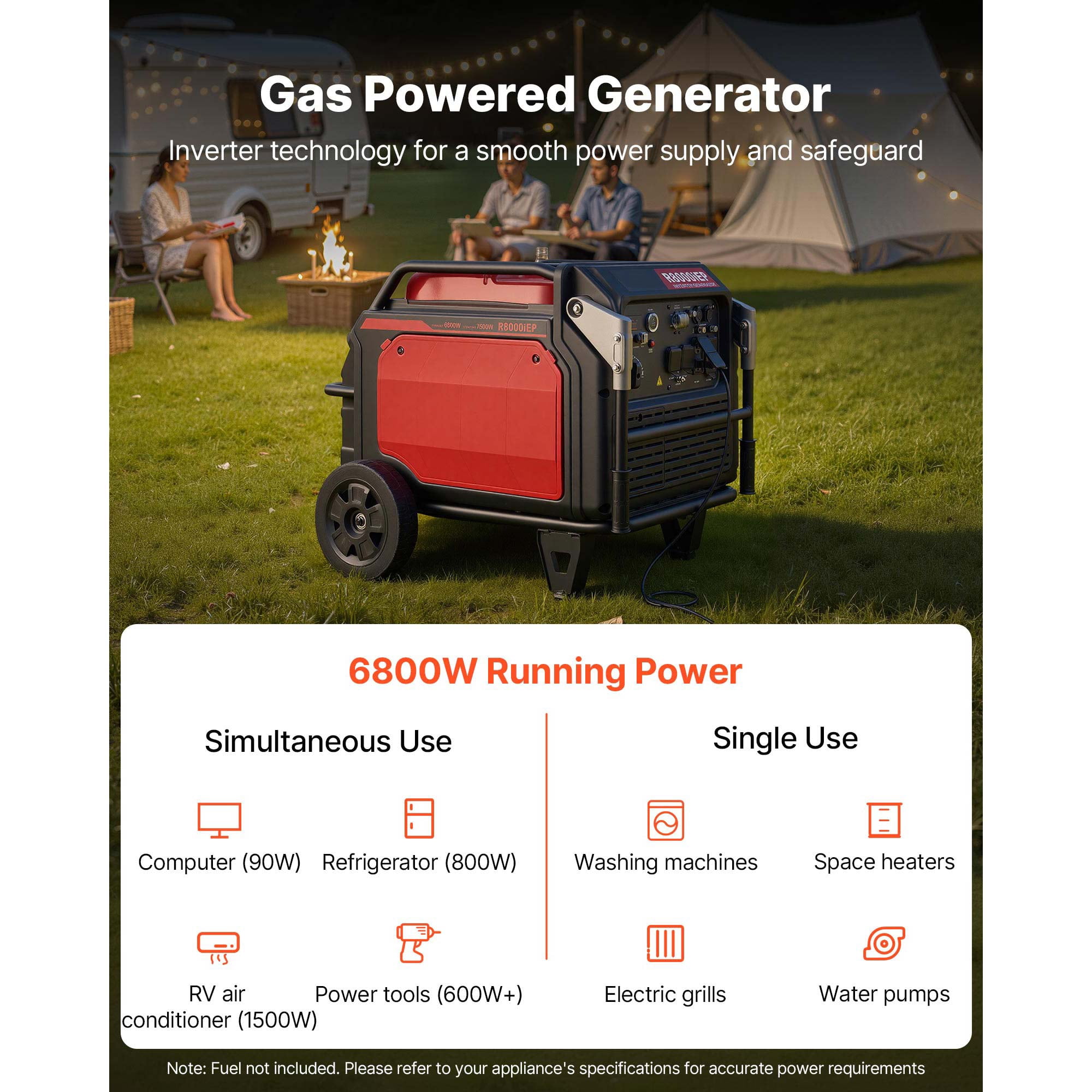 KFFKFF Portable Gas-Powered Inverter Generator, 10000W Peak Watt 6800W Operating Watt, Quiet Operation with Remote Start, Ideal for Home and Outdoor Use, Stable Performance, CO Sensor, RV-Compatible