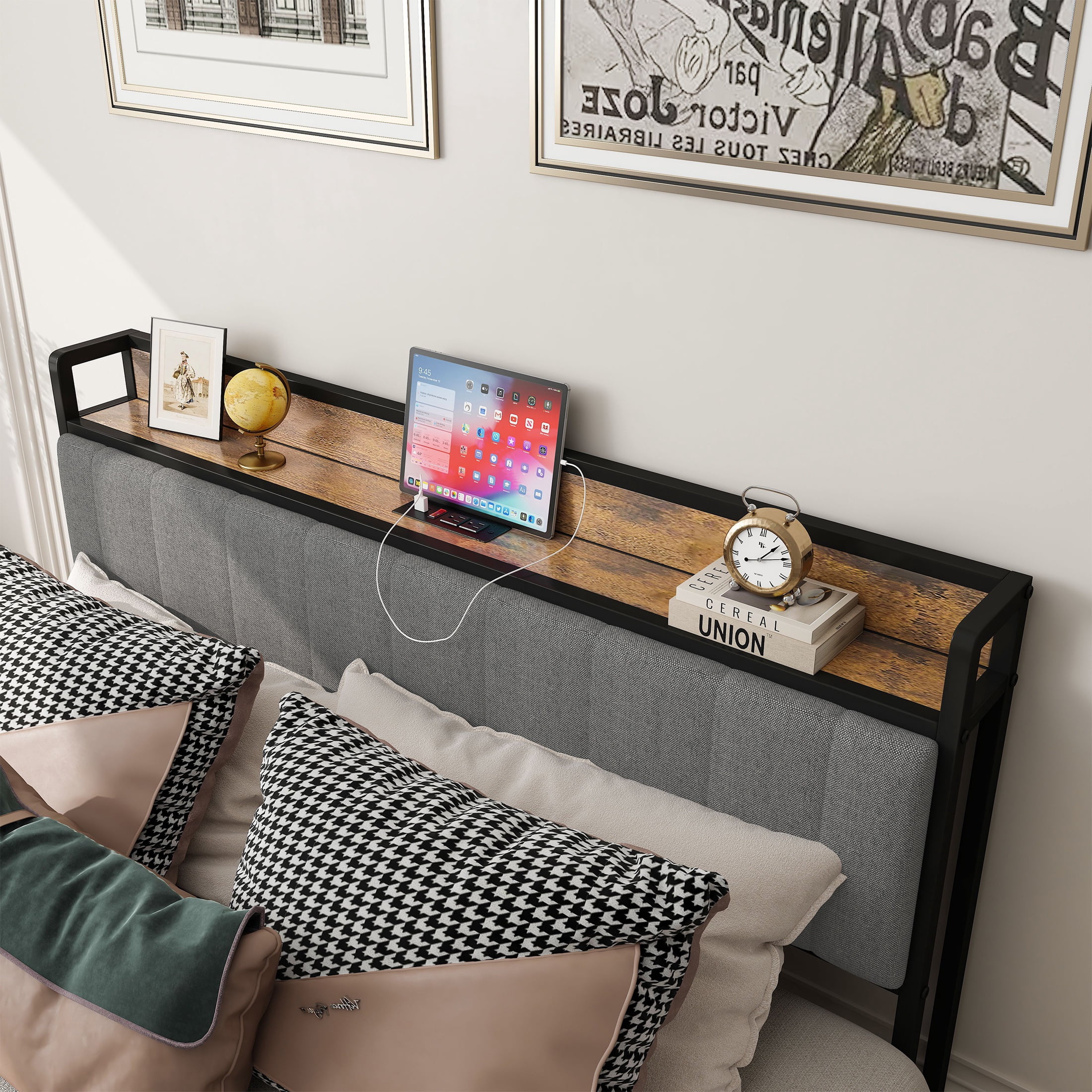 PORKISS Queen Size Bed Frame, Metal Platform Bed with Upholstered Headboard and Charging Station, Modern Queen Bed Frame with Metal Slats for Adults, No Box Spring Needed, Light Grey