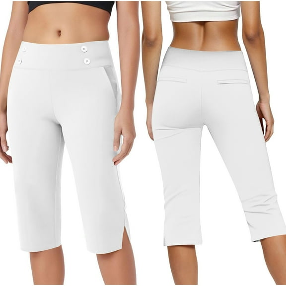 Sevevn Women's High Waist Capri Pants Button Detail Cropped Pants with Side Slit Hem White XL