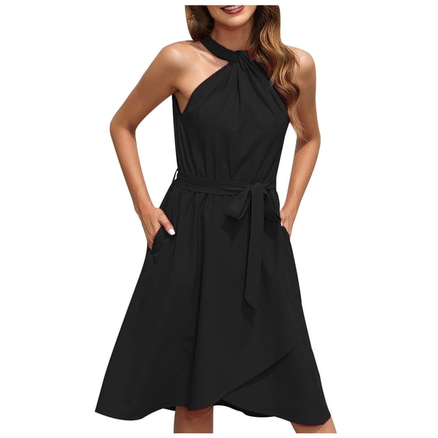 Yuyuzo Robe Cocktail pour Femmes Sans Manches Plissée Mini-Robe Ourlet en Chaîne Robe Courte Fluide avec Ceinture