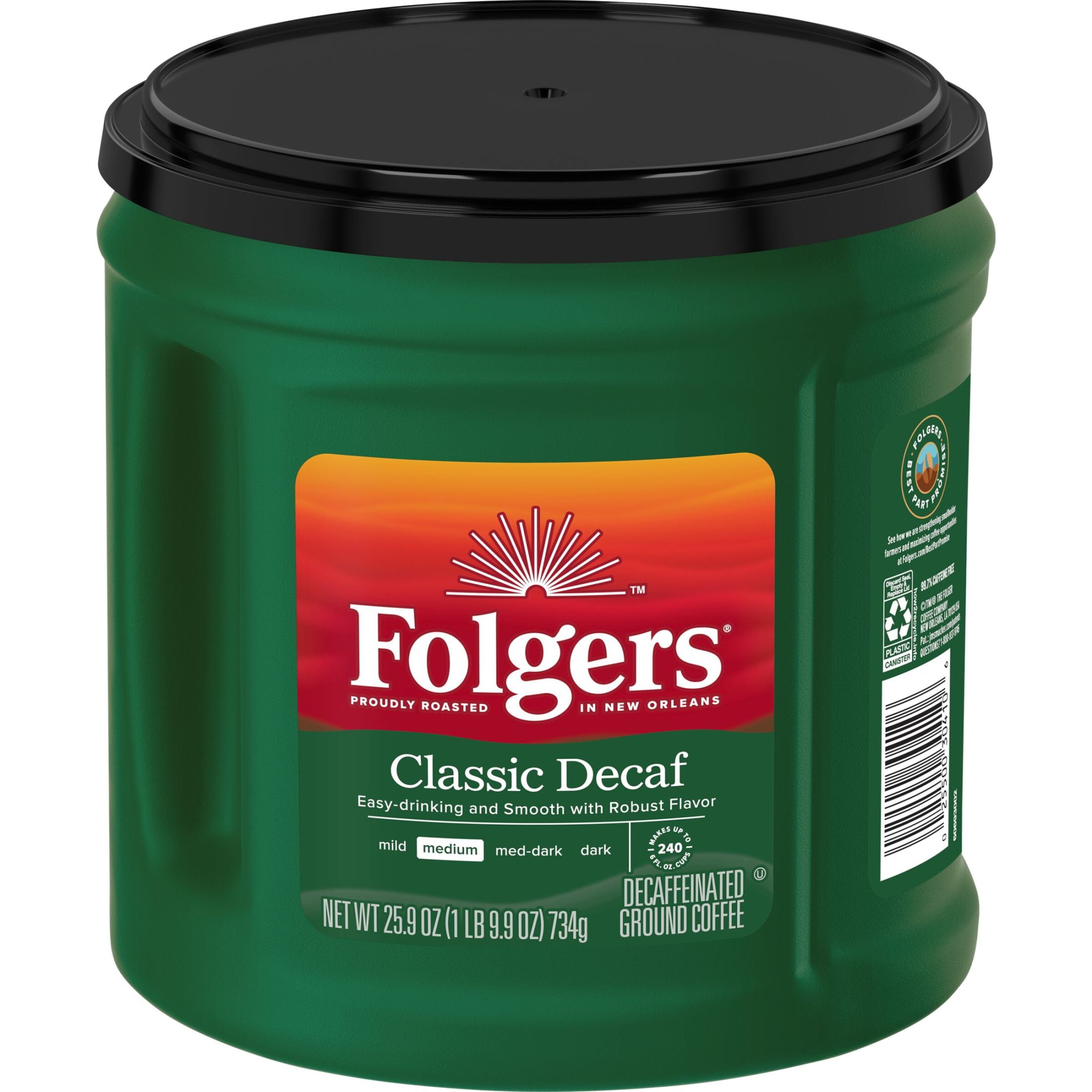 Folgers Classic Decaf Ground Coffee, Medium Roast, 25.9 oz Canister