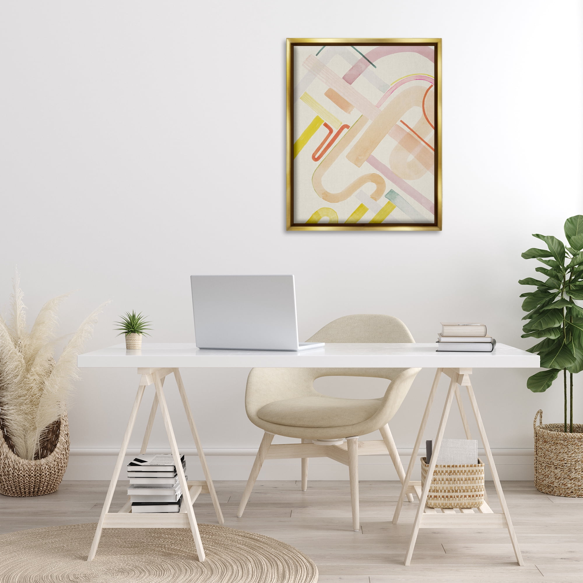 Stupell Industries Curved Forms Collage Abstract Painting Gold Floater Framed Canvas Art Print Wall Art, 25 x 31