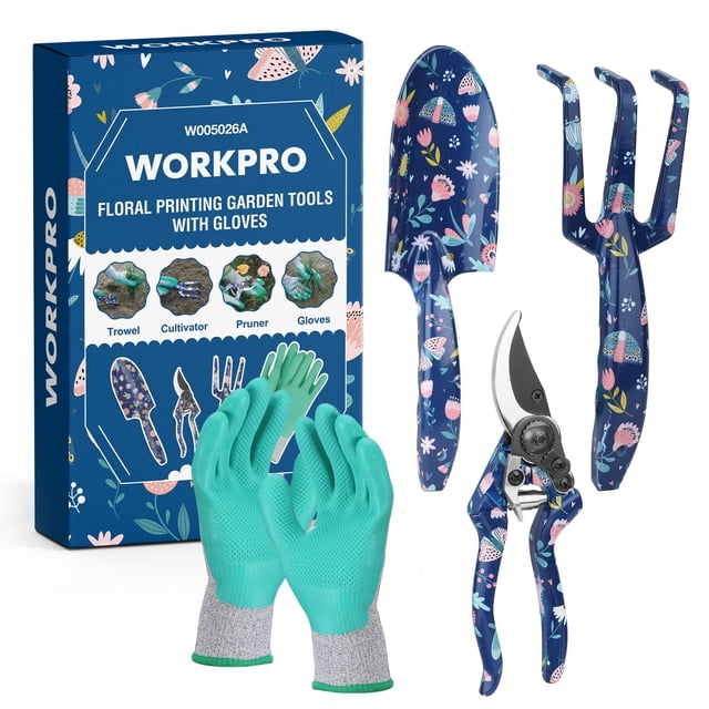 Juego de herramientas de jardín WORKPRO de aluminio, 4 piezas, con paleta, rastrillo y podadora