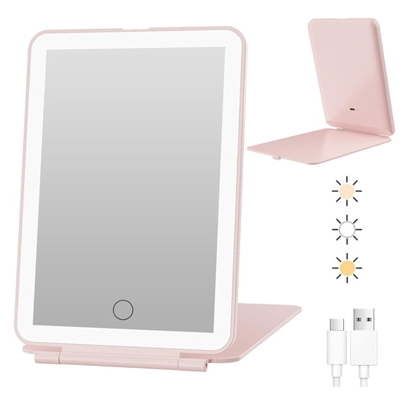 Portable Folding Makeup Mirror – Double-Sided, Travel Compact Mirror, Tabletop Vanity Mirror for Home & On-the-Go (Pink)