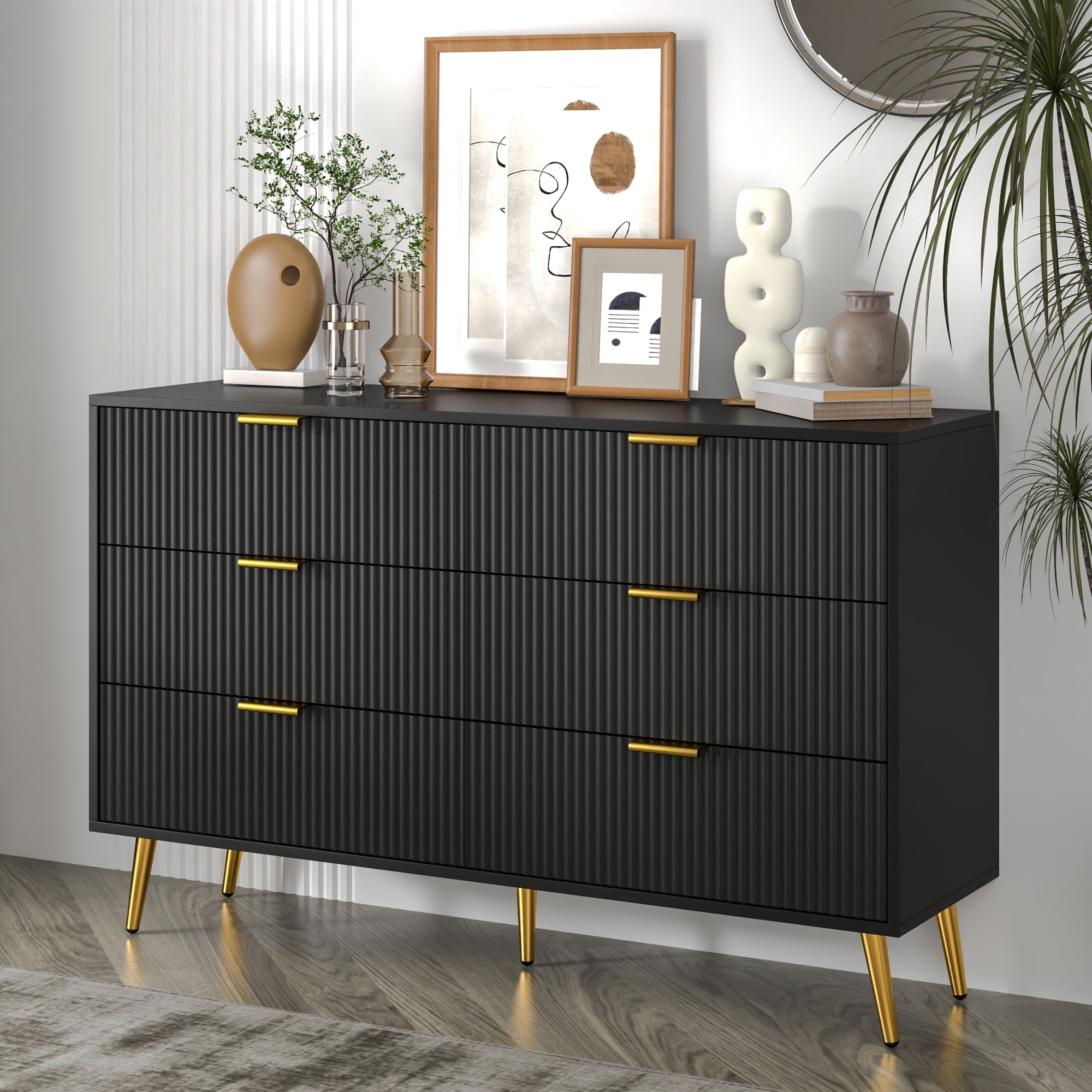 Oubayajia Modern Bedroom Dresser with 6 Drawers, Wood Storage Chest of Drawers with Fluted Panel