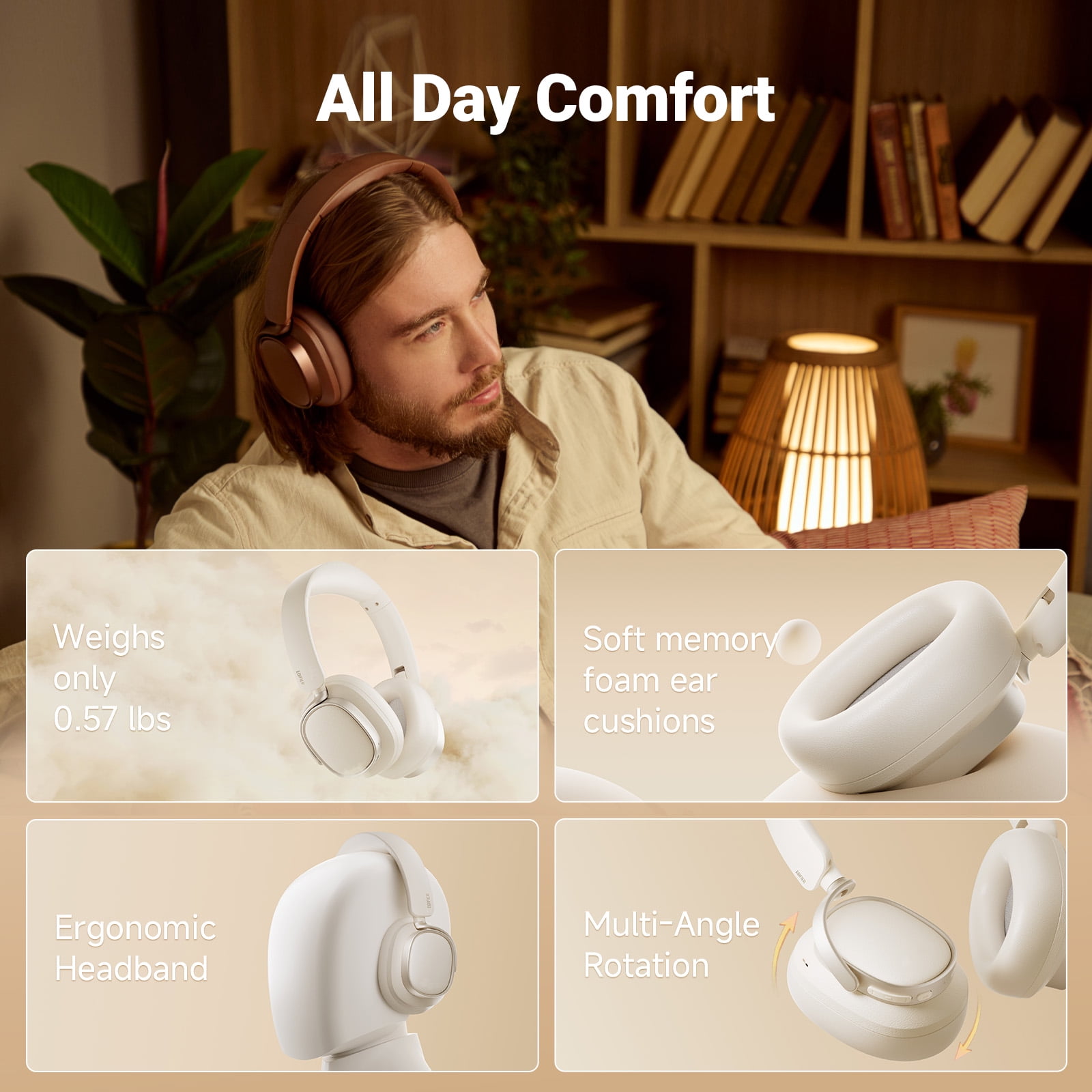 Edifier Bluetooth Active Noise Cancelling Headphones, 92H Playtime Hi-Res Audio Certified, Fast Charging - Brown