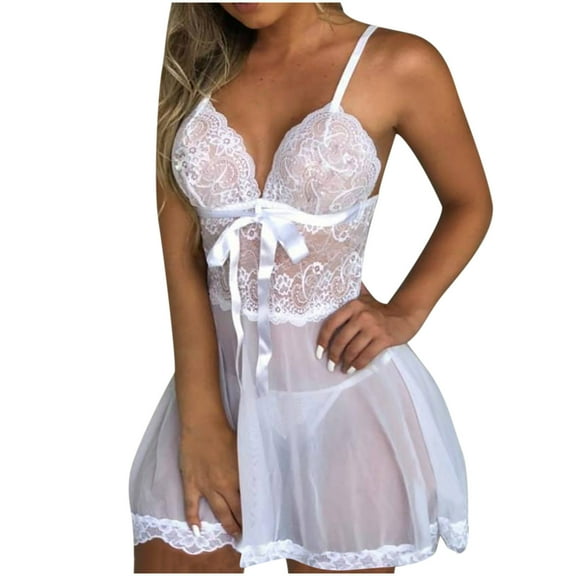 FRSASU Women's Nightdress Sling Soild Lingerie Lace Bow Mesh Nightdress White 10(XL)