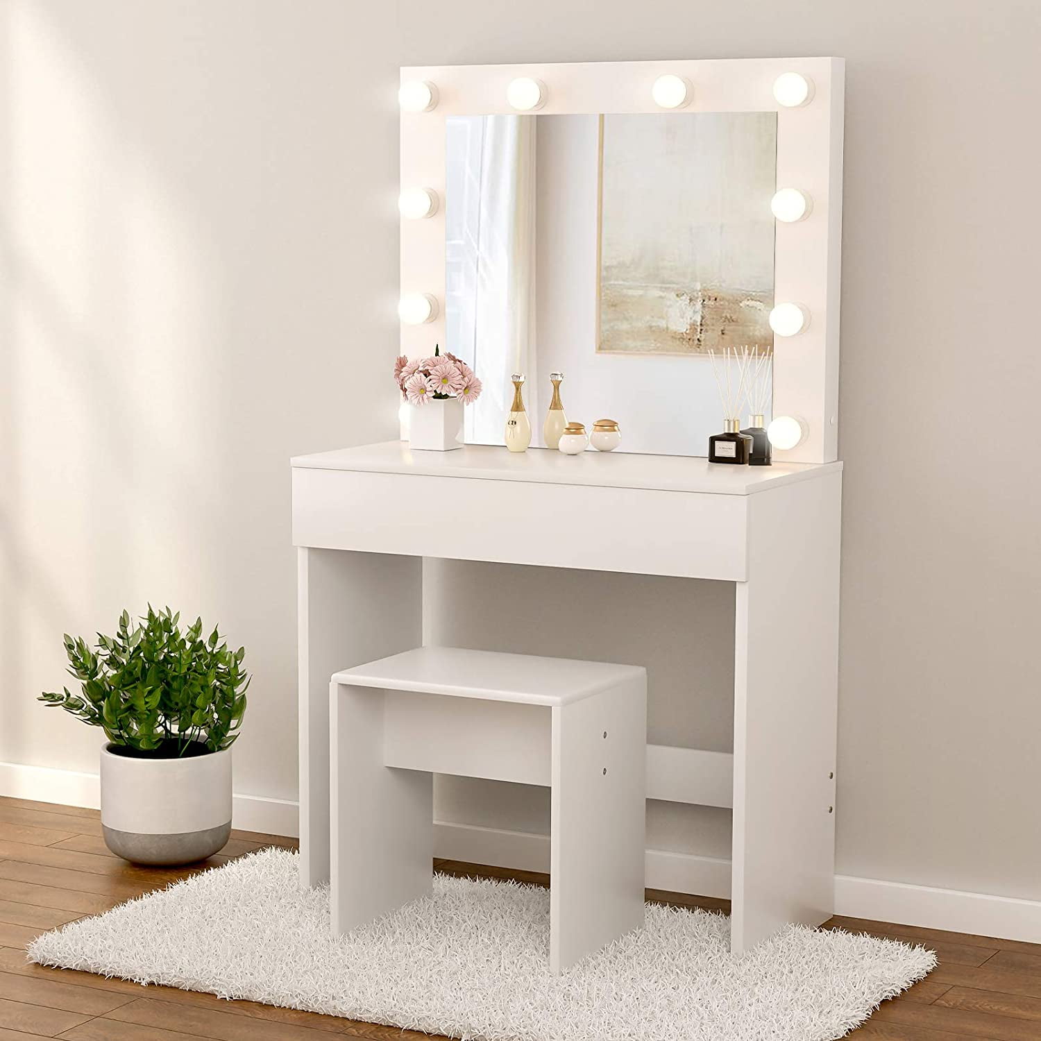 Vanity Set Makeup Dressing Table with 10 LED Lights with Stool and Mirror White 